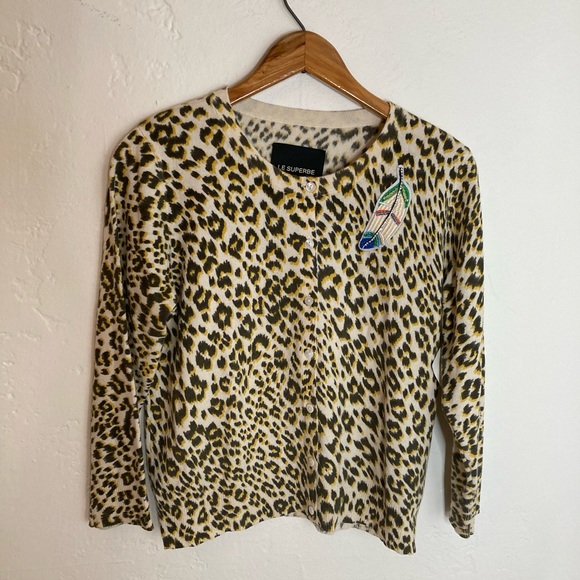 Le Superbe 100% cashmere animal print cardigan sweater size M - Picture 1 of 6